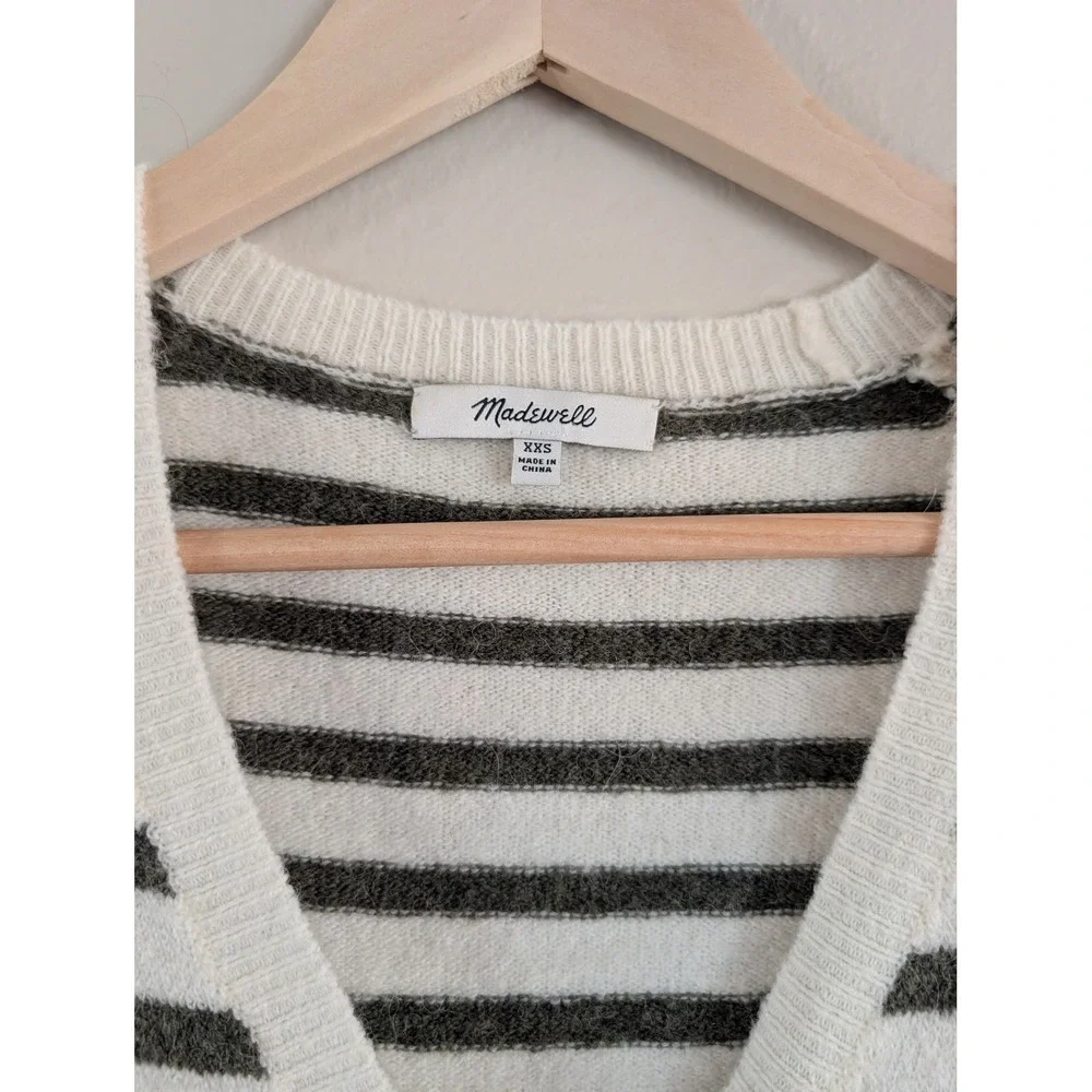 Madewell‎ Alpaca Striped Wrap Sweater XXS Cream Green Wool Blend V-Neck Preppy